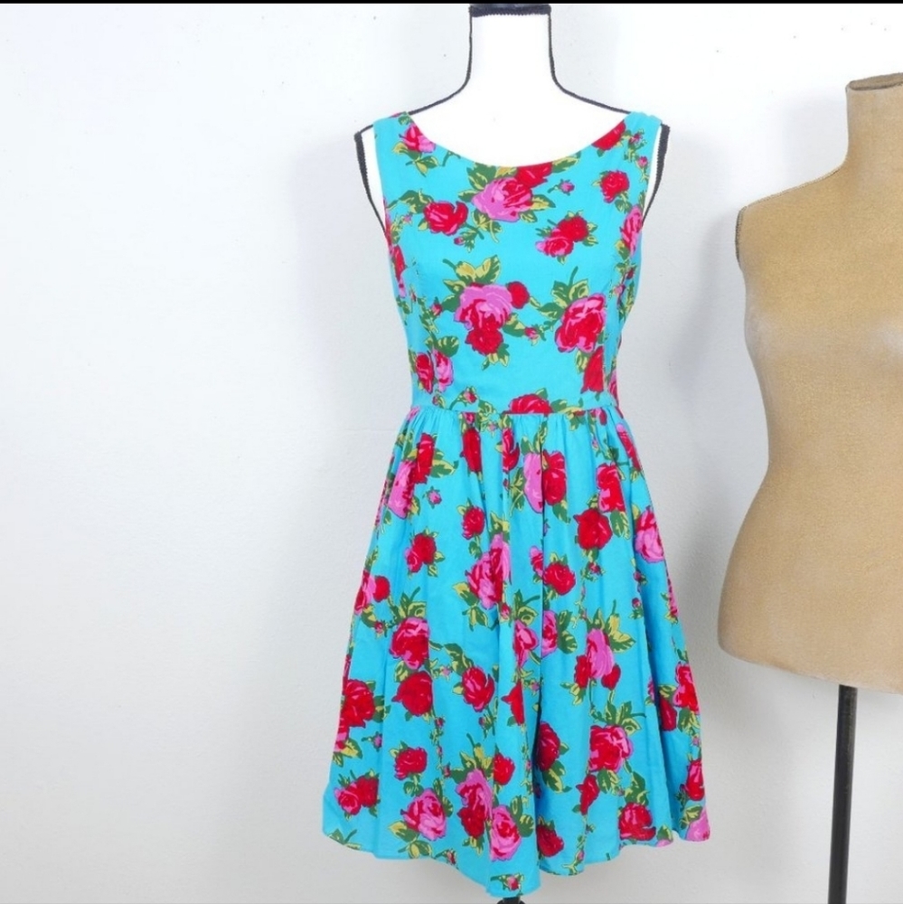 Betsey Johnson Blue Red Pink Roses Sleeveless Retro Full Skirt SZ 8 Pin Up Dress